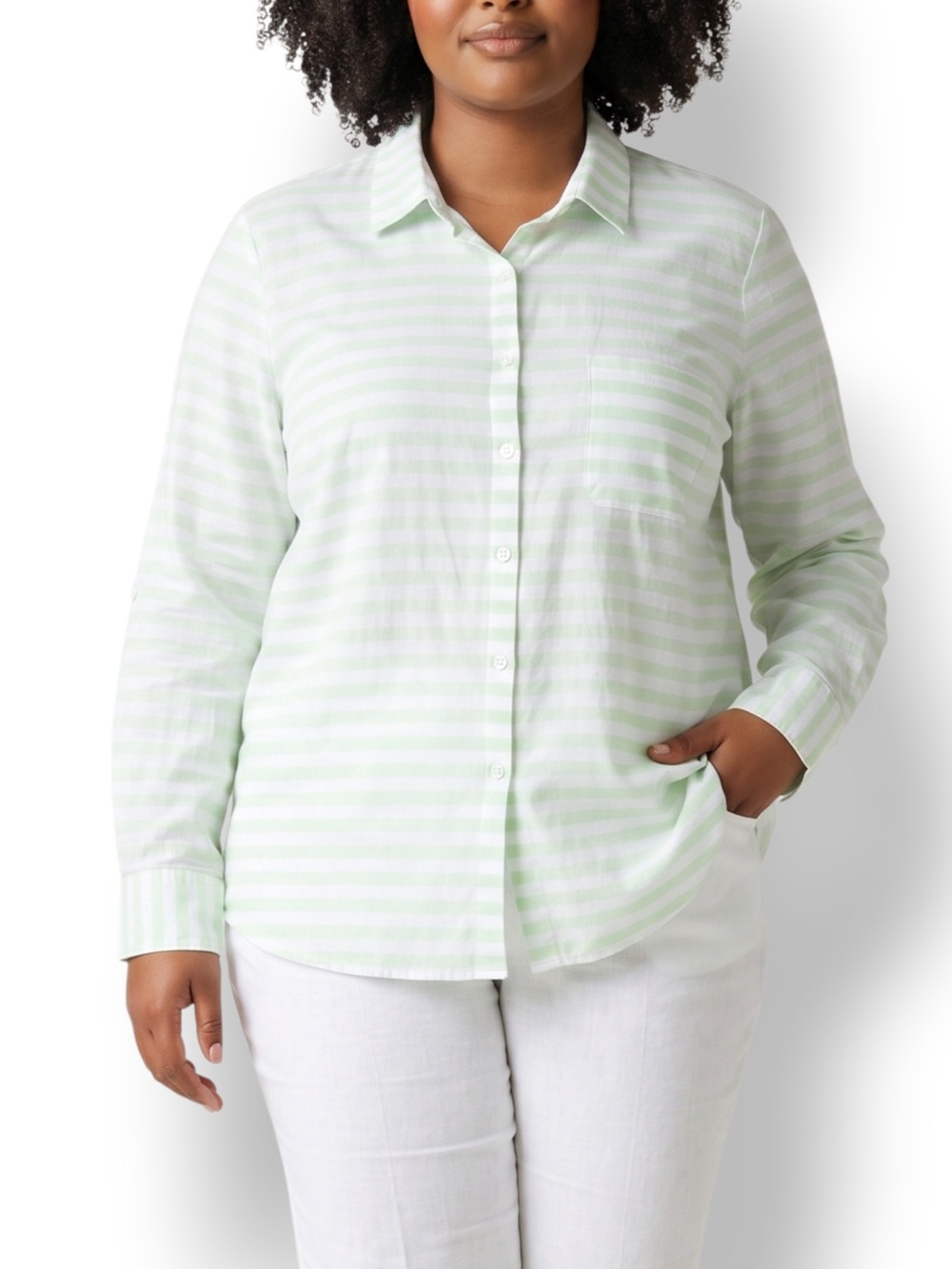 4/$20 Faded Glory Green White Striped Button Front Shirt Women’s Large Cotton